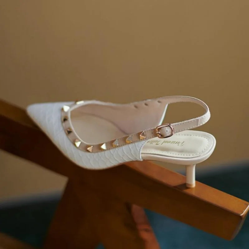 Sexy Women Sandals Rivets Pointed Toe Slingbacks Patent Leather Mid Heels Snakeskin Pattern Sandal