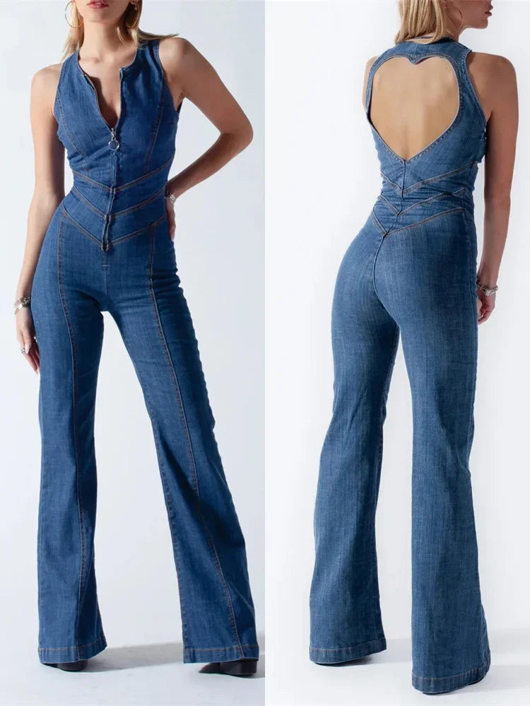 Backless Heart Cutout Bodycon Jumpsuit For Women Casual Sleeveless Slim One-Piece Retro Denim Jumpsuits New 2025