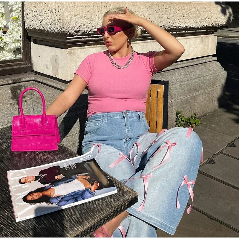 Top Quality Women Sweet Bow Blue Jeans Wide Leg Denim Washed Jeans with Pockets Baggy Casual Loose Trousers.  S-XL