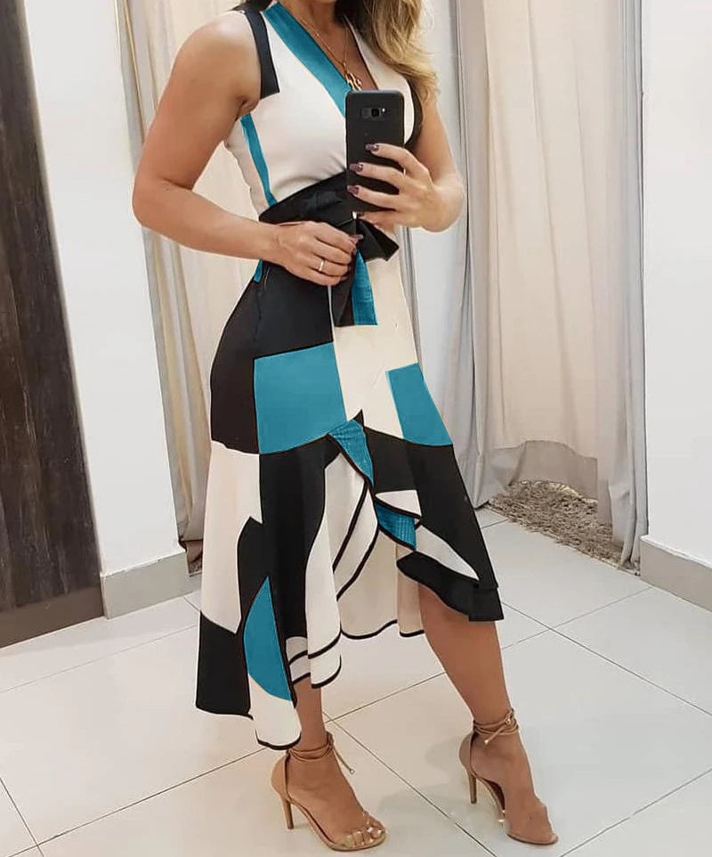 Sleeveless Summer V-neck Printed Versatile Long Dress.  S-3X