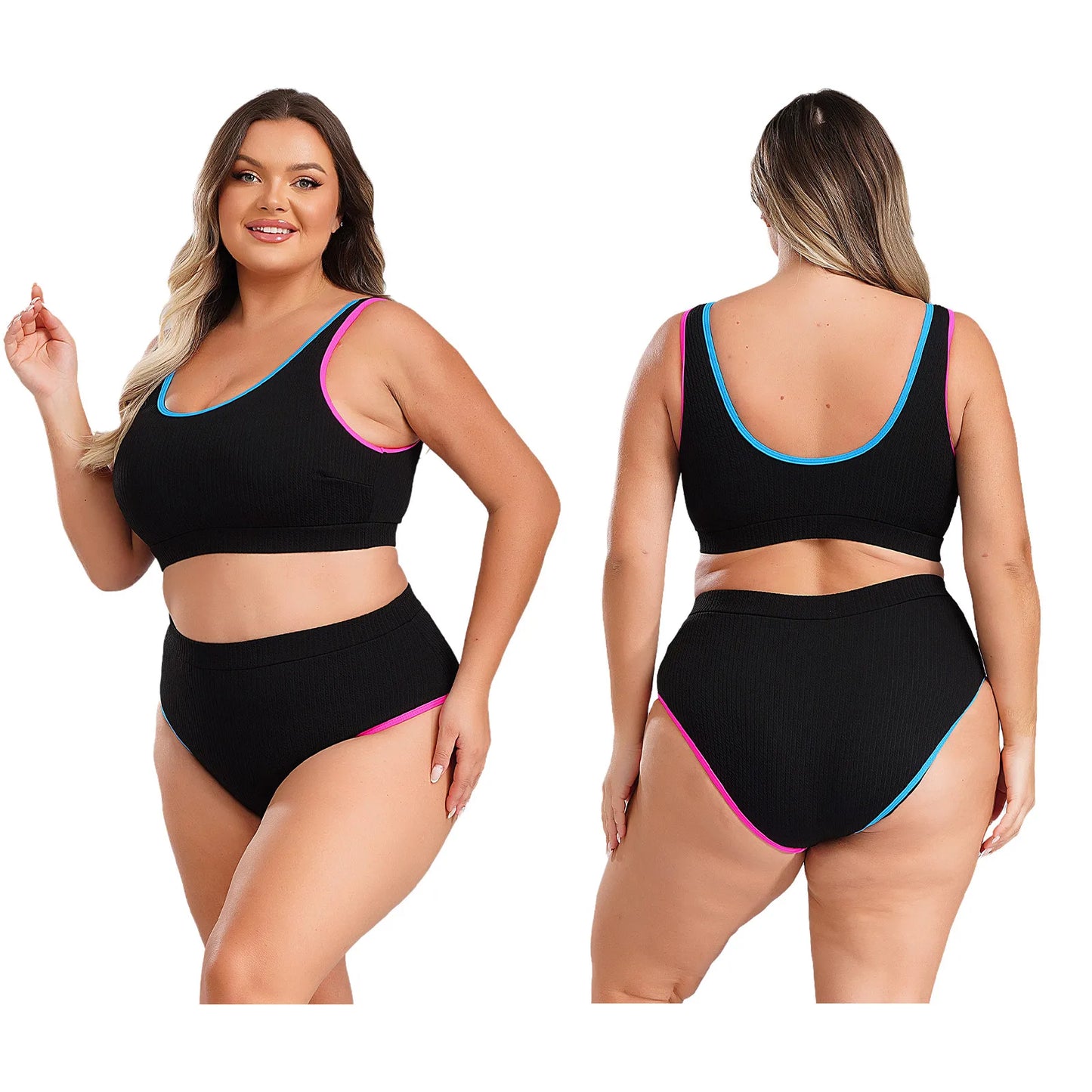 Womens Plus Size Sporty Swimsuit Two Pieces U Neck High Waisted Tankini Set Color Contrast Beach Swimming Bathing Suit Swimwear