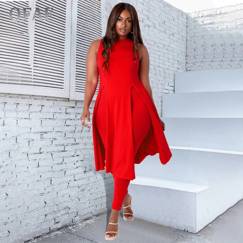 Elegant Plus Size Women's Set Split Hem Long Tank Top and Leggings Two 2 Piece Set