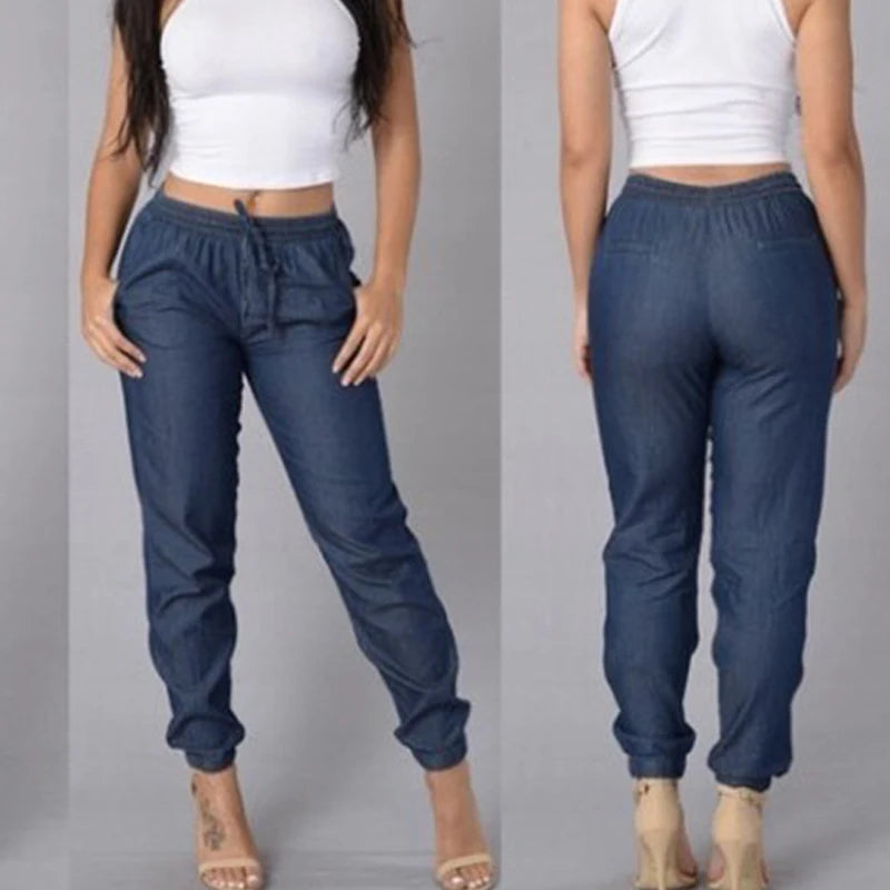 Elastic Waist Sexy Loose Pencil Jeans for Women, High Waist Ladies Thin-Section Denim Casual Jeans.  S-5xl