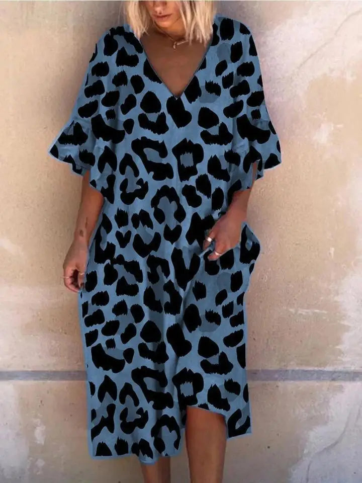 Fashion Leopard Print Dress Lady Casual Vintage V Neck Pullover Loose Dress.   S-3x
