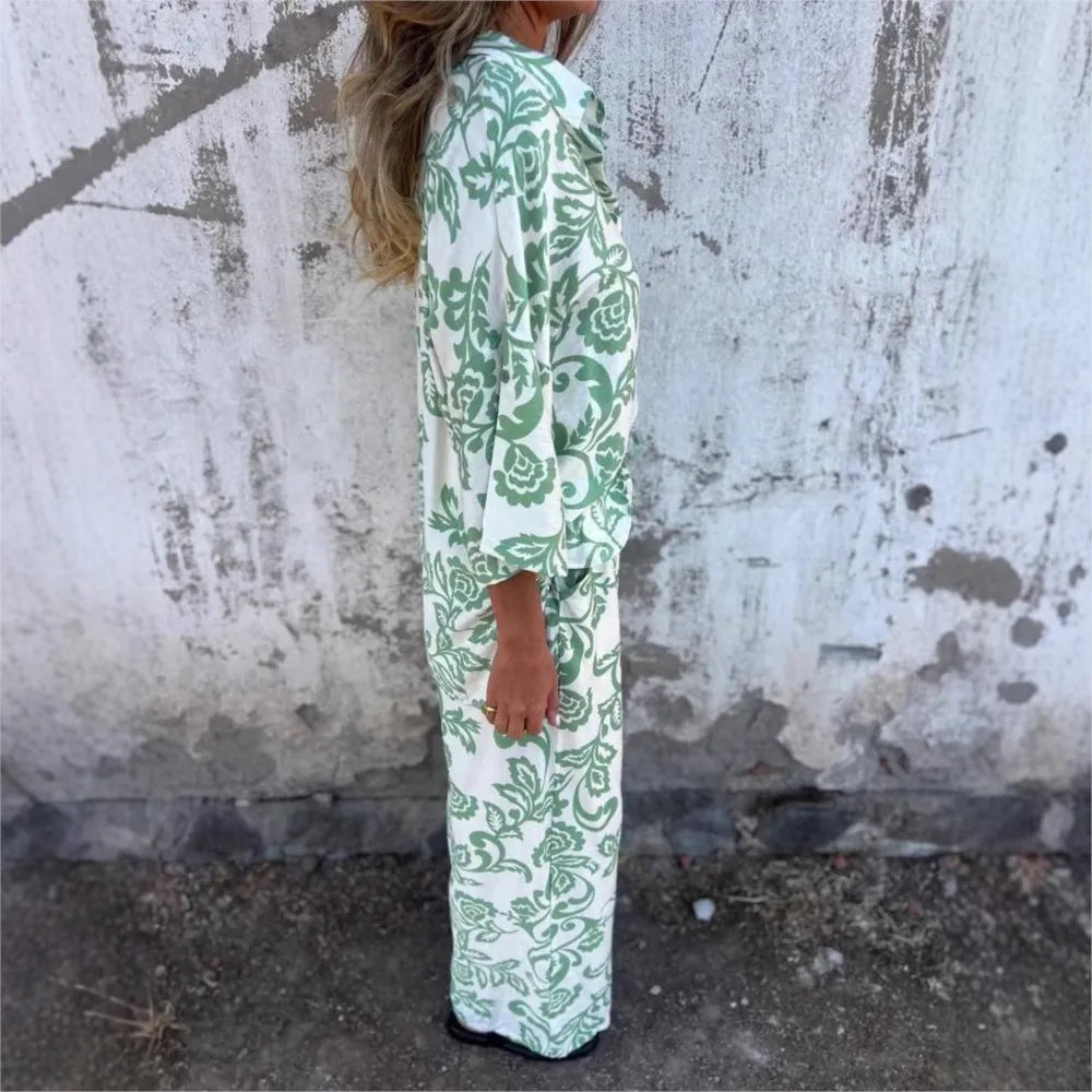 Women's Printed Long-sleeved Shirt And Pants 2piece Elastic Waist Pocket Pants Casual Suit.  S-3X