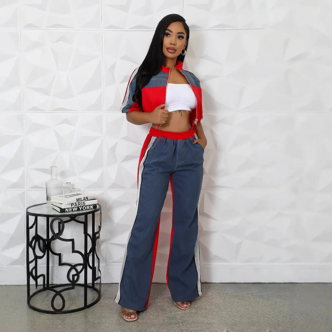 Pant Set Women Two Piece Set Denim Matching Sets Jogger Tracksuit Matching Sets Zipper Tops Wide Leg Long Pants Elastic Waist.  S-2X