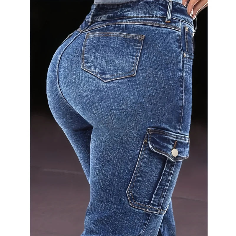 Women's Distressed Stretch Cropped Cargo Jeans - Multi-Pocket Denim with Elastic Cuff