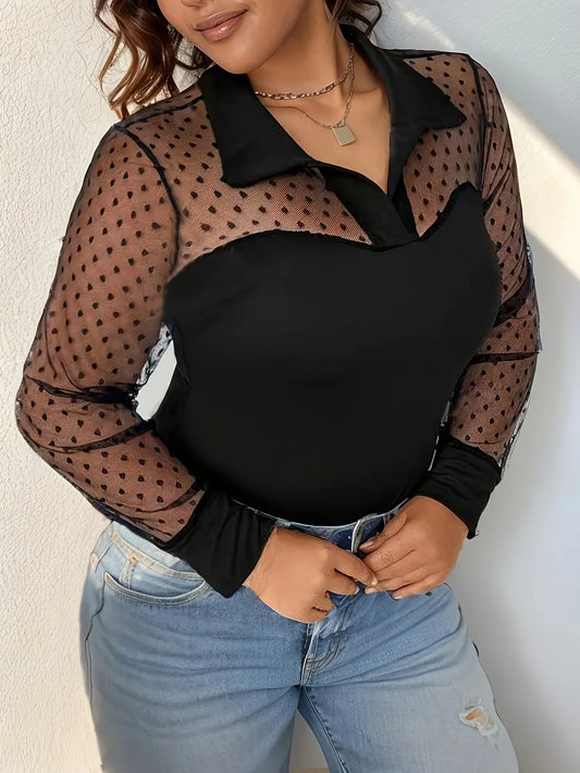 Plus Size Dot Mesh Blouse, Elegant Collared Long Sleeve Top.