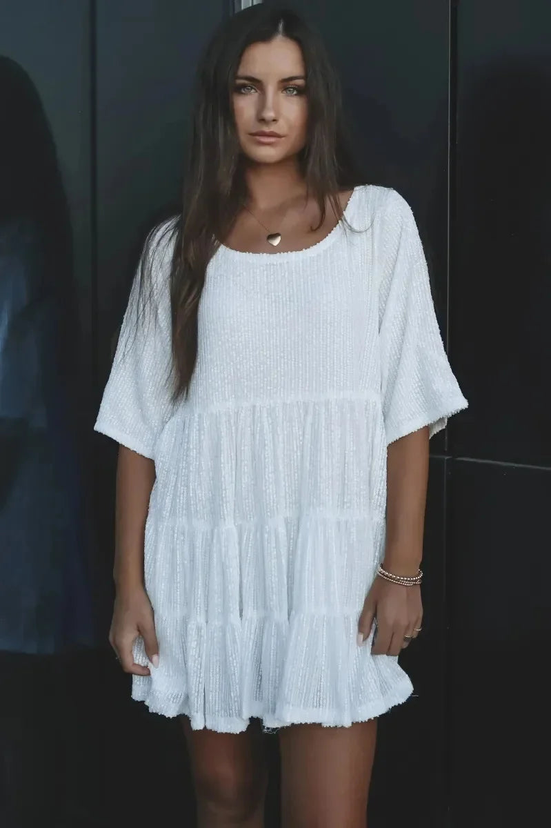Fashionable Sequins Round Neck Loose-Fit Waist, Short Sleeves New Arrival European Style.  S-3X