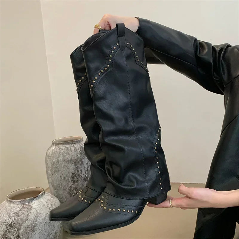 Woman Cowgirl Boots Fashion Slip On Elegant Square Heel Retro Western Boots