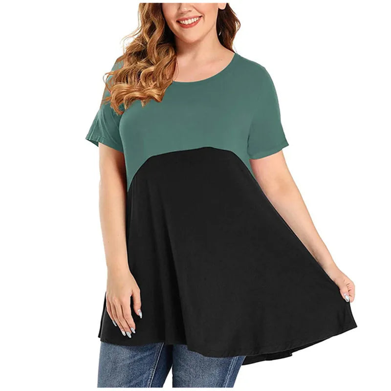 Women Shirt Plus Size Loose Short Sleeve Casual Ladies Contrast Colour Shirt.