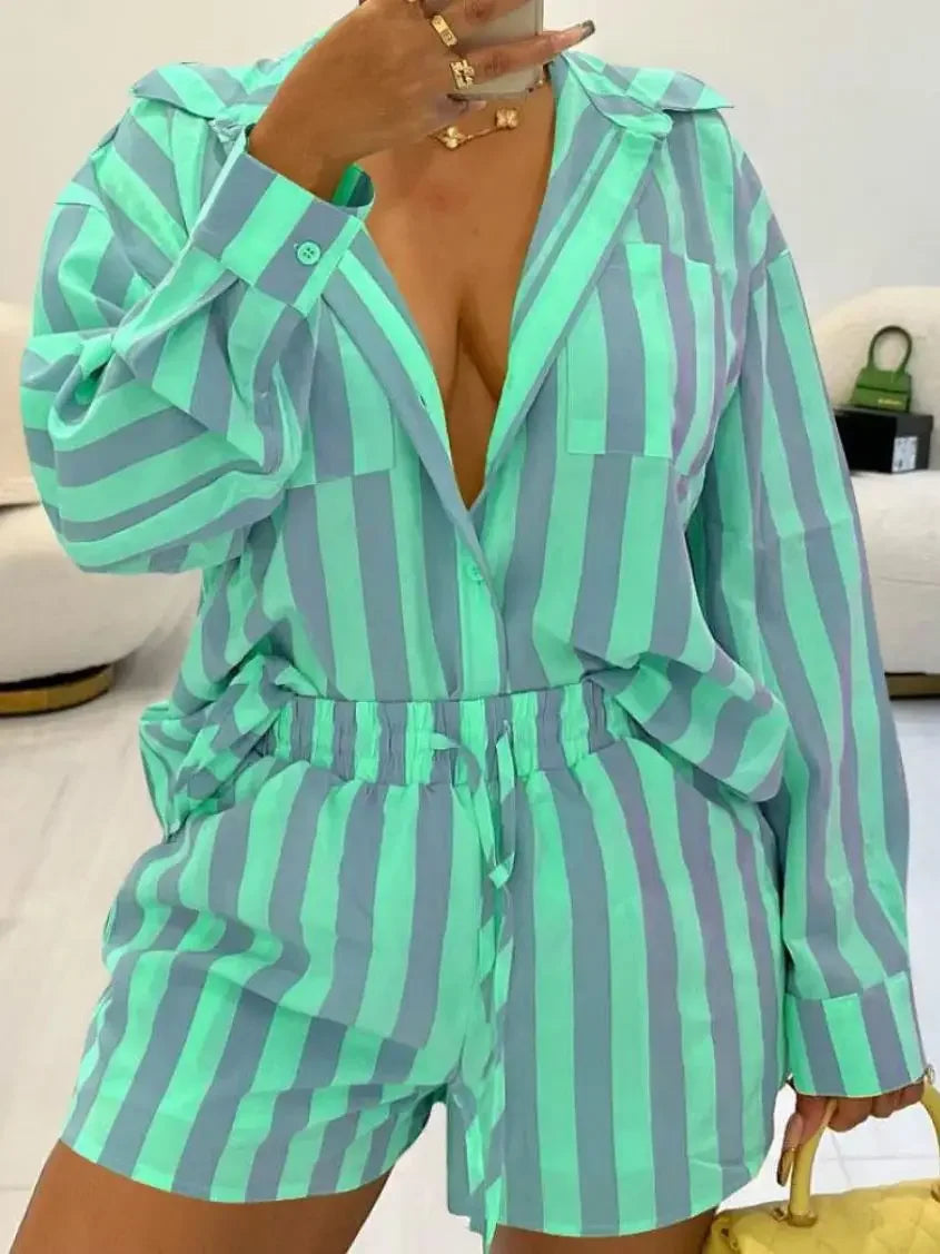 Fashionable Striped Two-Piece Loose-Fit Shorts And Shirt European Style.  S-4X