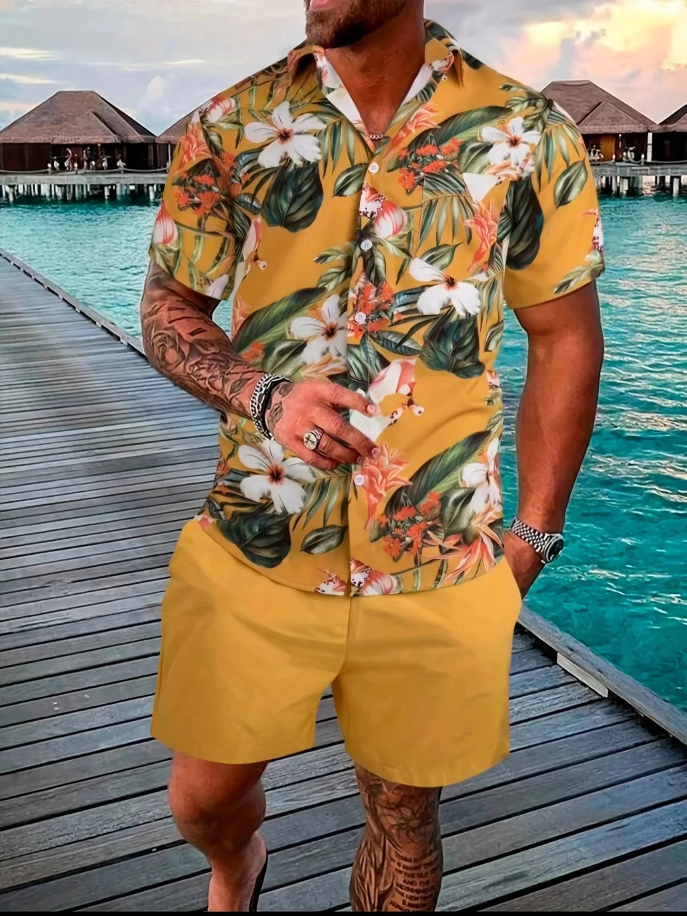 Men 2PCS Fashion Shirts+Shorts Hawaii Beach lapel Shirt Set.  S-5X