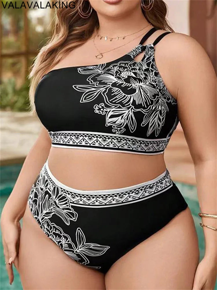 2025 Curvy Size One-shoulder Two Piece Bikini High Waist Swimsuit.