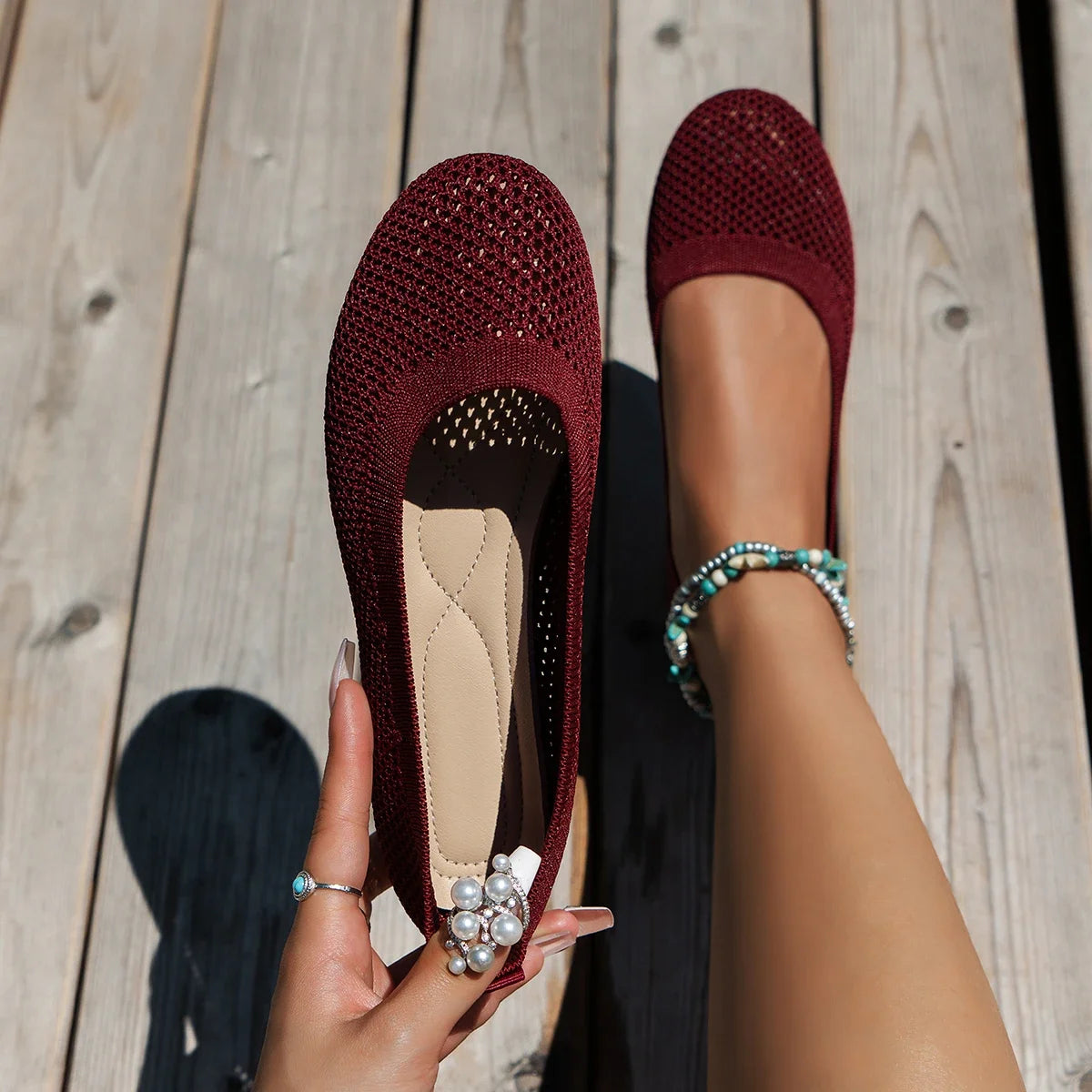 Women Round Toe Flat Solid Colour Knitted Slip Casual Breathable Comfortable Flats.