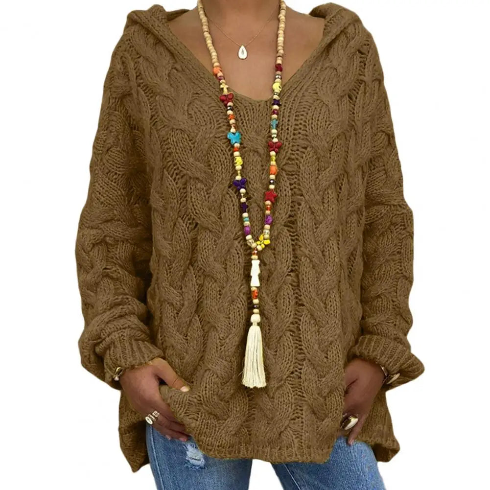 Hooded V-Neck Long Sleeves Twist Knitted Solid Colour Loose Sweater.  S-3x