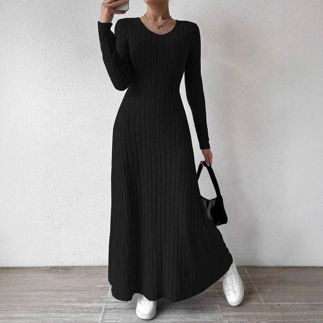 Fashionable Knitted Long Sleeve A- Line Streetwear Dress For Women Smooths And Slims Your Silhouette Solid Color Long Dress.  S-XL