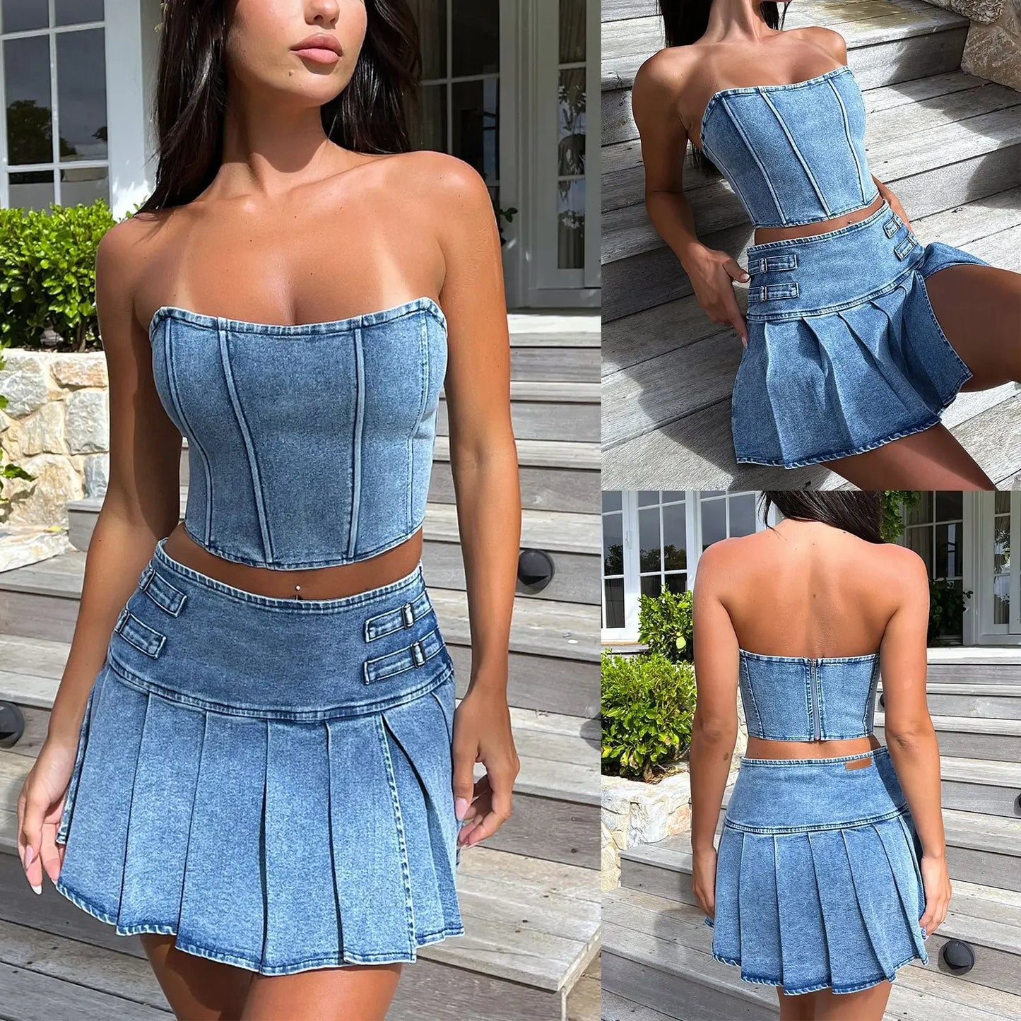 Denim two-piece Set Strapless Top Solid Pleated Mini Skirt Matching Set .  XS-XL