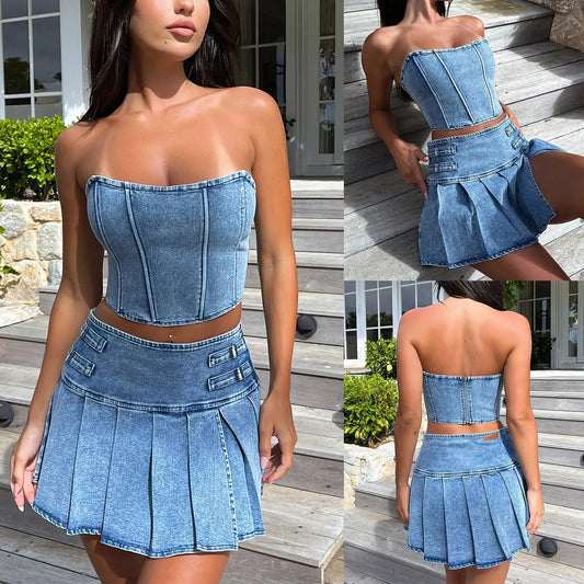 Denim two-piece Set Strapless Top Solid Pleated Mini Skirt Matching Set .  XS-XL