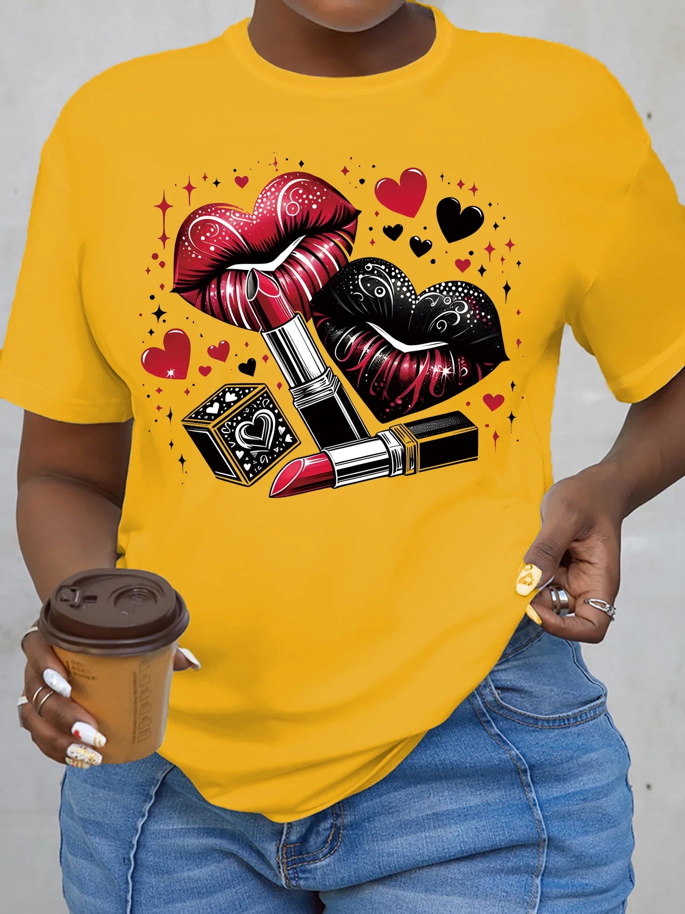 Women Plus Size Clothing Summer Round Neck Short Sleeve Printed Love Lips Lipstick Fashion Plus Size T-Shirts Y2k Top
