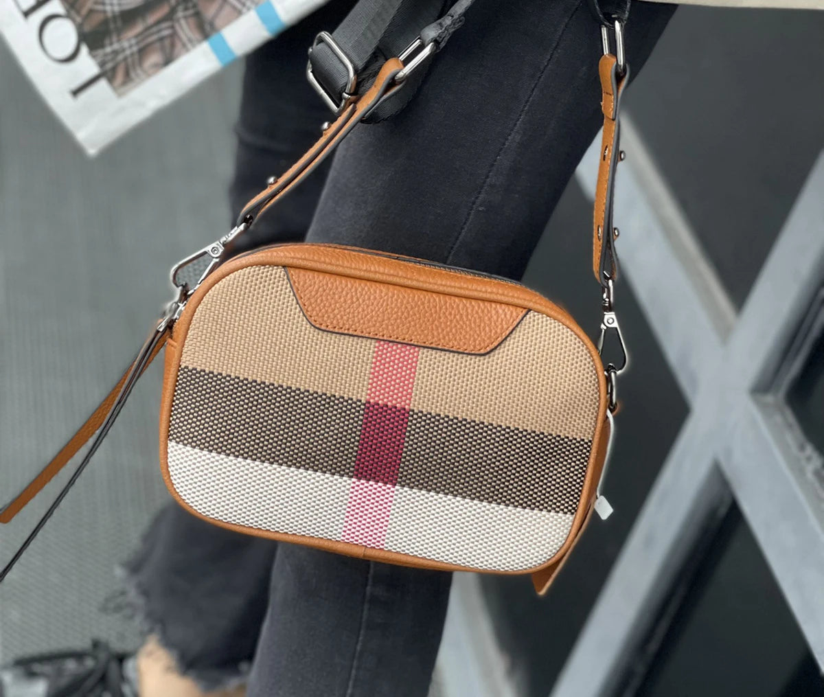Genuine Leather Women Bag Small Canvas Cross body Wide Strap Trendy Square Designer Luxury Sling Shoulder bag