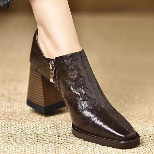 Pointed Toe Women Leather Shoes Mid Heels Fashion Casual Shoes Woman 2025 Trendy Cozy Elegant Chunky  Shoe.