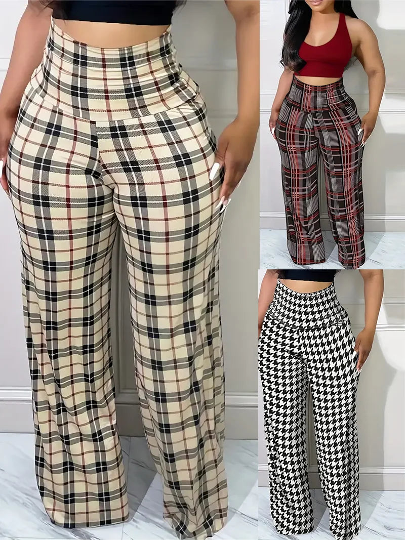 Women's Plaid Wide Leg Pants High Waist Casual Comfortable Loose Fit Pants. S-2x
