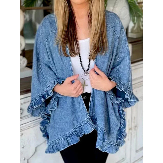 Women Plus Size Denim Jacket Splicing Pocket Ruffle 3/4 Sleeves Loose Irregular Hem Washed Summer 2025 Vintage Female Cardigan.