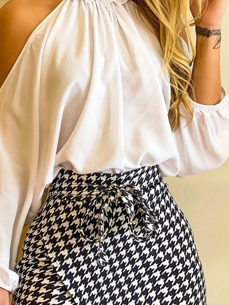 Elegant Two Piece Women Spring Summer Solid Ruffle Neck Hollow Out Long Sleeve Shirt & Printed Skort