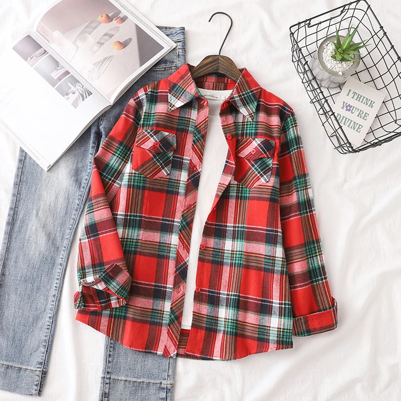 Cotton Flannel Plaid Casual Slim Fit Long Sleeve Top.  XS-3XL