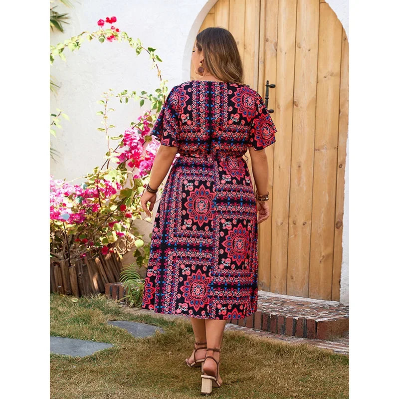Plus Loose Floral Print Dress Elegant Comfortable Casual V-Neck Dress