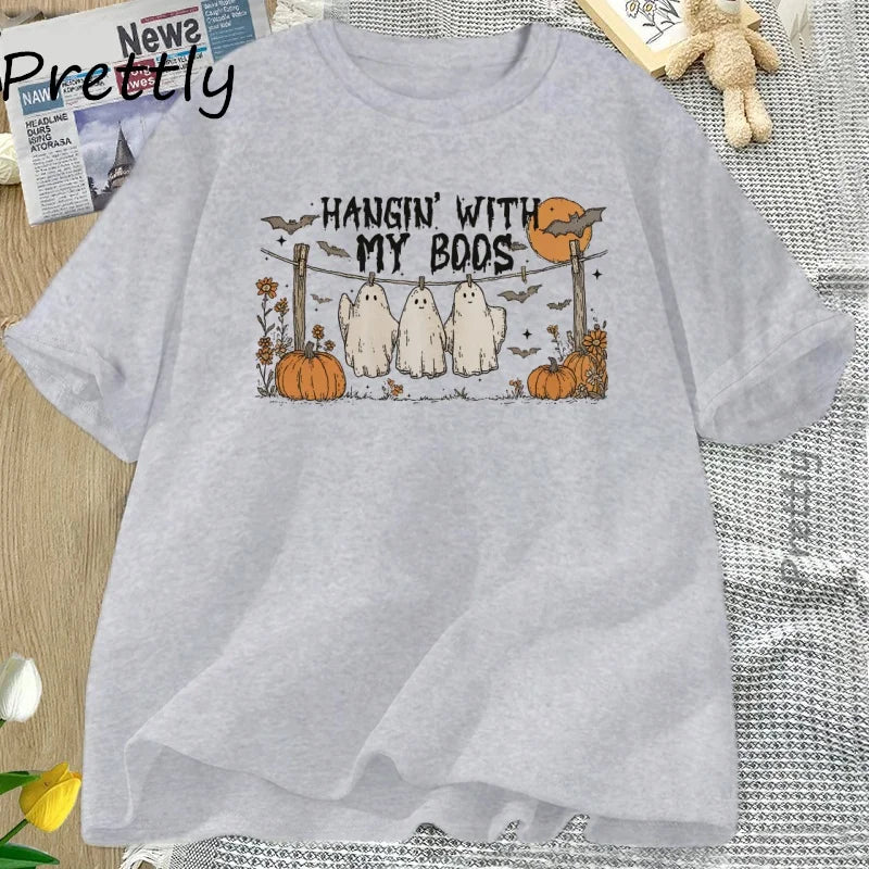 Unisex Funny Hanging Ghosts Halloween T-shirt Boos Cute Pumpkin Bat Casual Cotton Short Sleeve Round Neck Tee .  S-3X