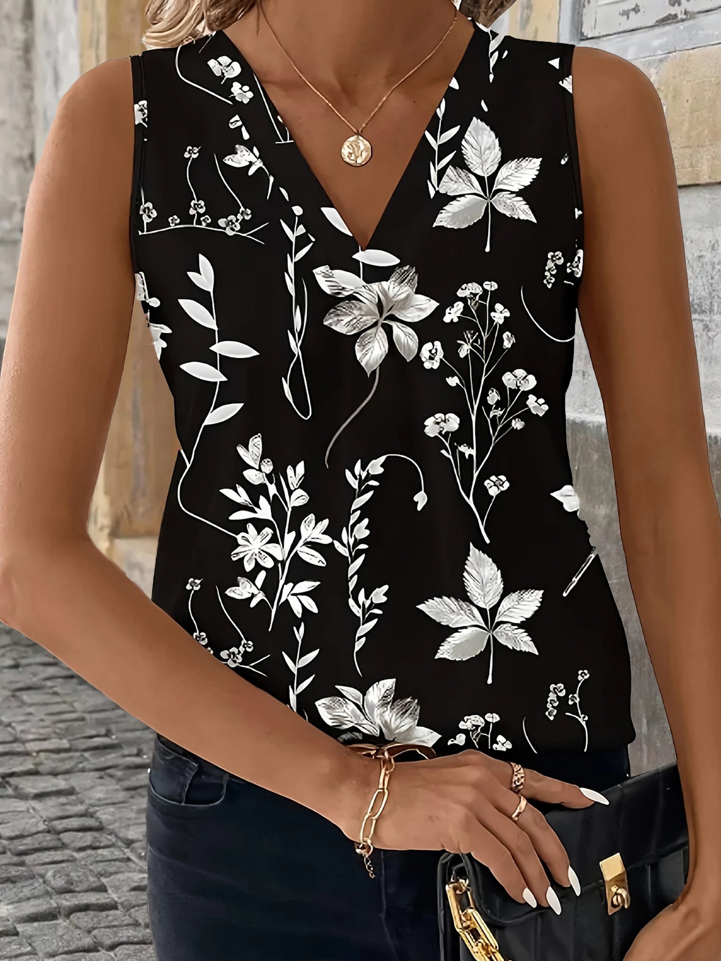 Women's Floral Print V-Neck Comfort Fit Plus Size Tank Top - Elegant Summer Fashion.  1x-5x