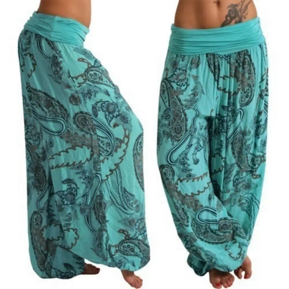 Ladies Boho Loose Pants Paisley Print High Waist Ankle Tied .