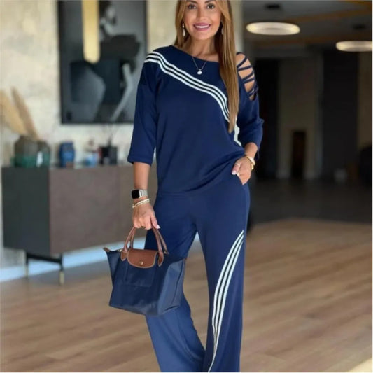 Fashion Striped Cutout Shirt 2piece Set Autumn Casual Loose Sporty Pant Set.  S-3X