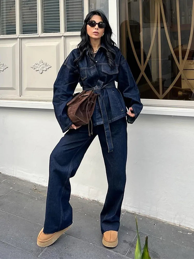 Chic Denim Lapel Jacket Long Pant Woman's Set Retro Single Breasted Jackets With Belt Straight Trouser Sets Lady Classic Outfits.   S-L