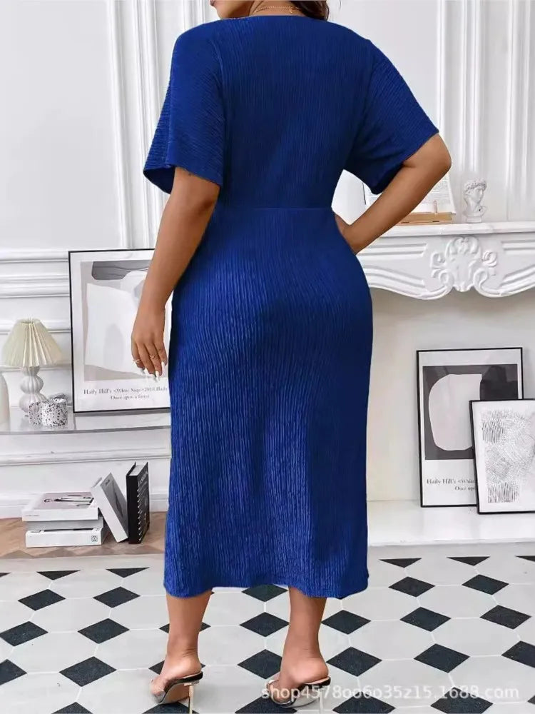 Plus Size Summer Midi Dress Split Sexy Irregular Pleated Fashion High Waist V-Neck Short Sleeve Woman Dress.