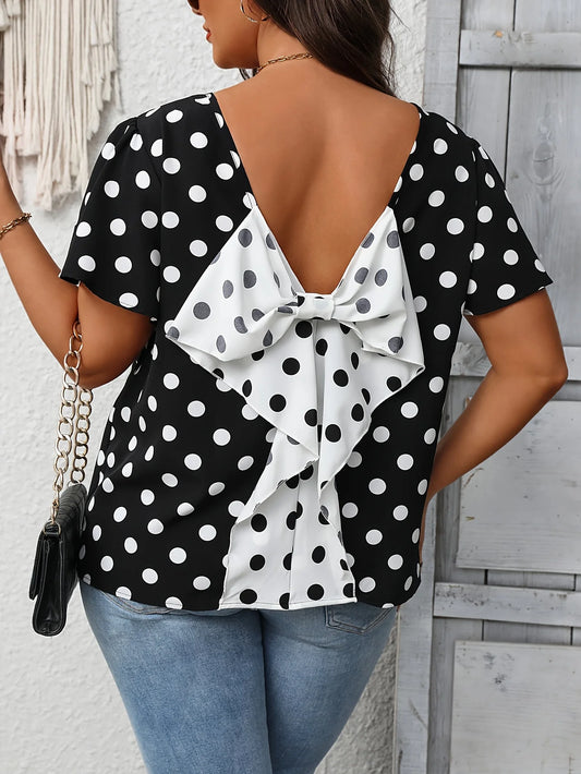 Plus Size Summer Elegant Print Shirt for Women Casual Bow Back Curvy Blouse