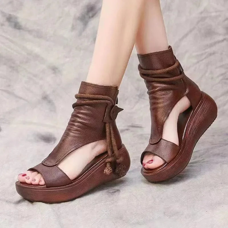 Ladies Vintage PU Leather Cool Shoe/Sandals Summer Mid Heel Comfortable Wedge Shoe
