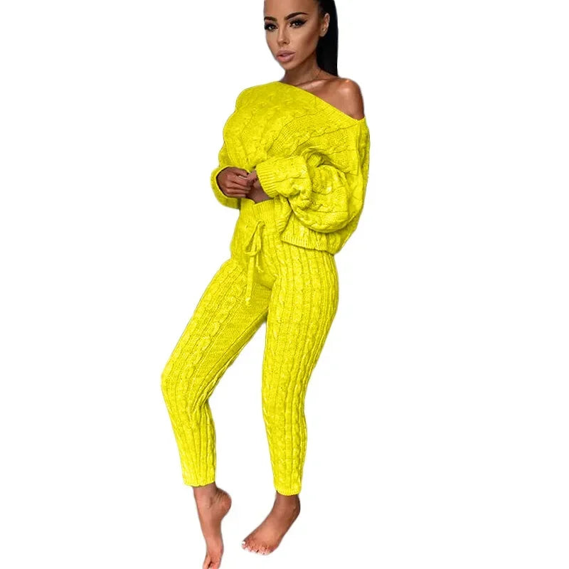 Ladies Comfy Two Piece Set Autumn and Winter Wear Pant Suit Solid Casual Knitted Sweater Set