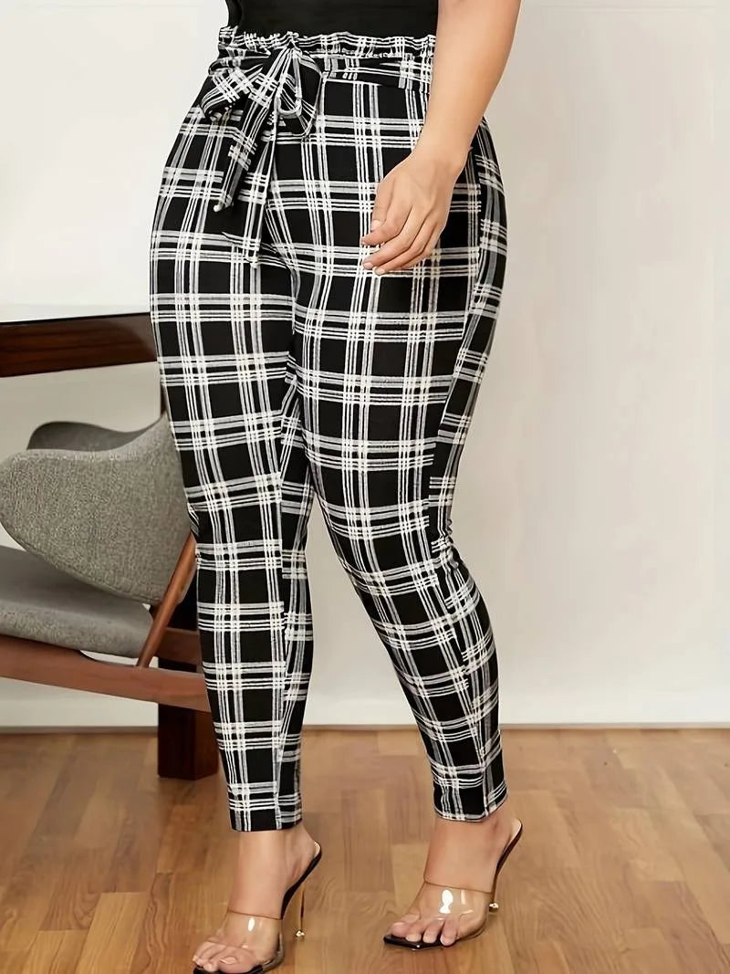 Posh Ladies Curvy Vintage Belted Plaid High Waist Pants.