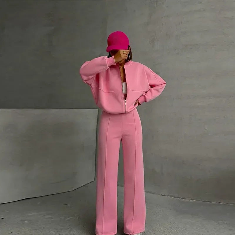 Casual Pants Set Women Spring Autumn Zip Up Jacket Loose Elastic Waist Trousers Suit.