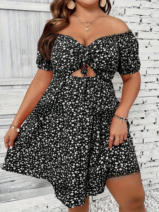 Curvy Size Summer Ladies Elegant Floral Print Off the Shoulder Dress.