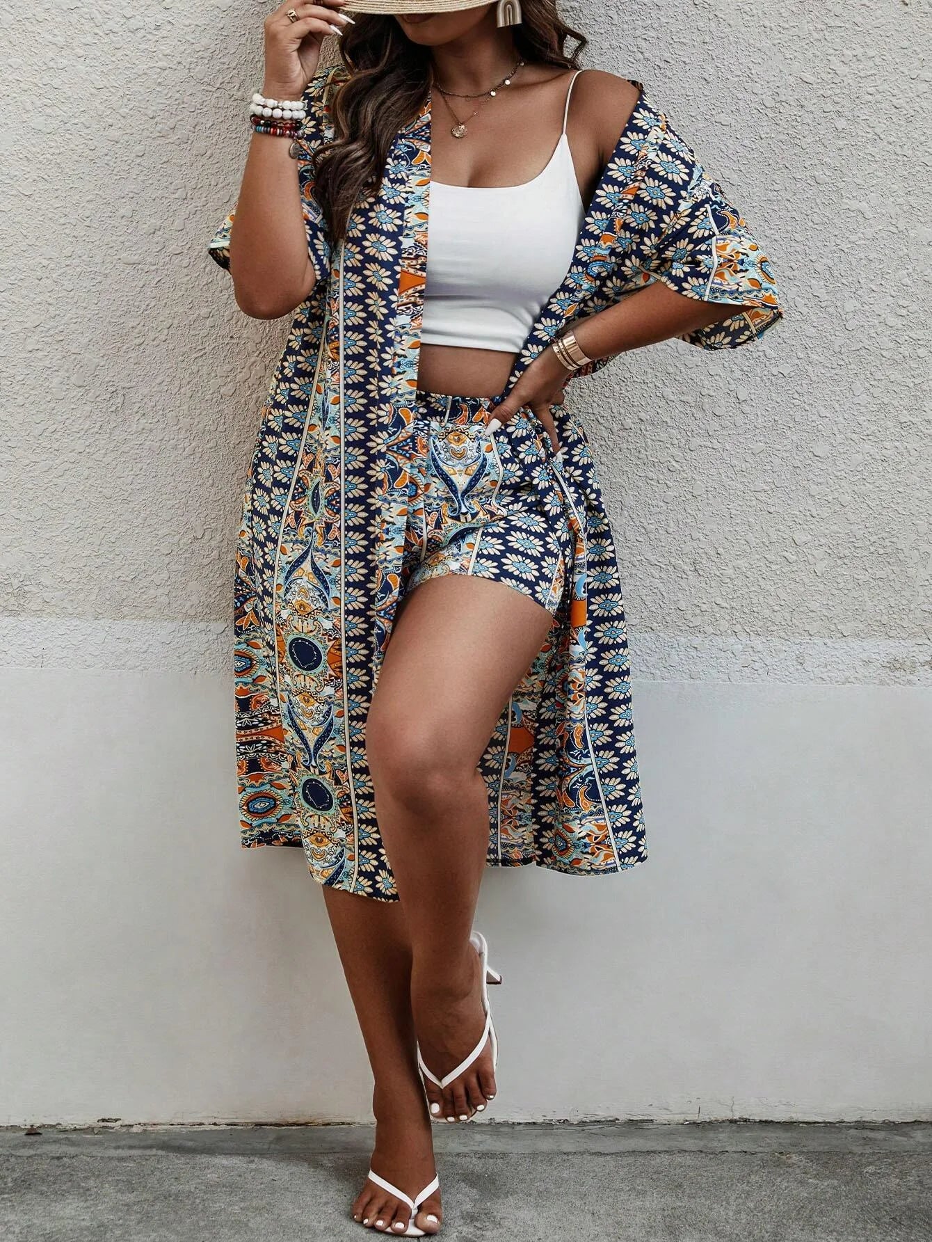 Women's Plus Size Printed Two-piece Set, featuring a bohemian print open front kimono with short sleeves and shorts