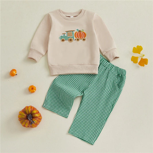 Toddler Baby  Boys Halloween Set Pumpkin and Truck Embroidery Long Sleeve Pullover and Plaid Pants 2 Pcs Outfits.