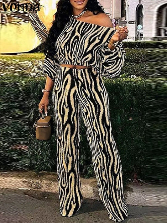 Plus Size Women Pant Set Zebra-stripe Bohemian Printed 2PCS Long Sleeve Skew Collar Top and High Waist Pants Casual Sets.  XL-5X