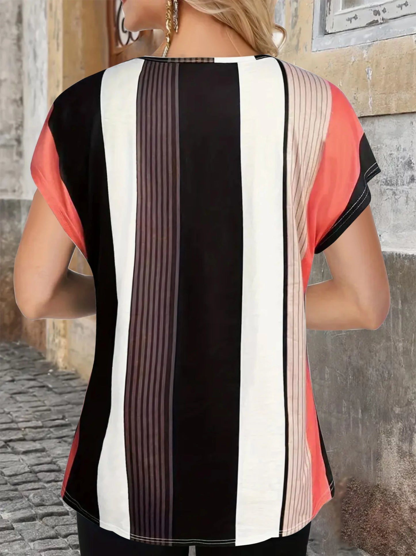 Women's Plus Size V-Neck Striped Shirt Spring Summer Casual Elegant Blouse Top, European Style Fashion