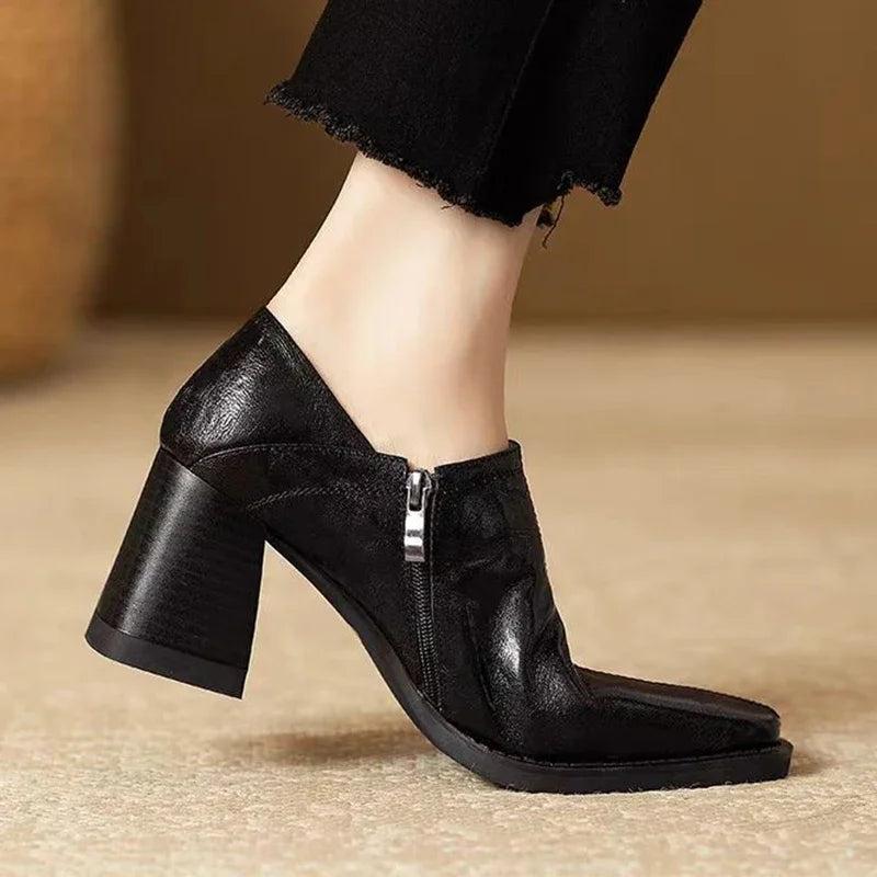 Pointed Toe Women Leather Shoes Mid Heels Fashion Casual Shoes Woman 2025 Trendy Cozy Elegant Chunky  Shoe.