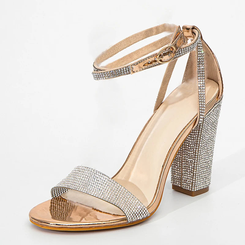 Fashion Glitter Rhinestones Square High Heel Sandals Summer Open Toe Crystal Ankle Strap Women Party Prom Shoes Sandalias
