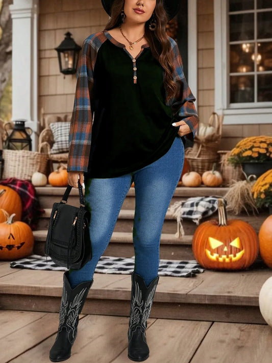 Plus Size Women's Plaid Splicing Long Sleeve Fashion Casual Top